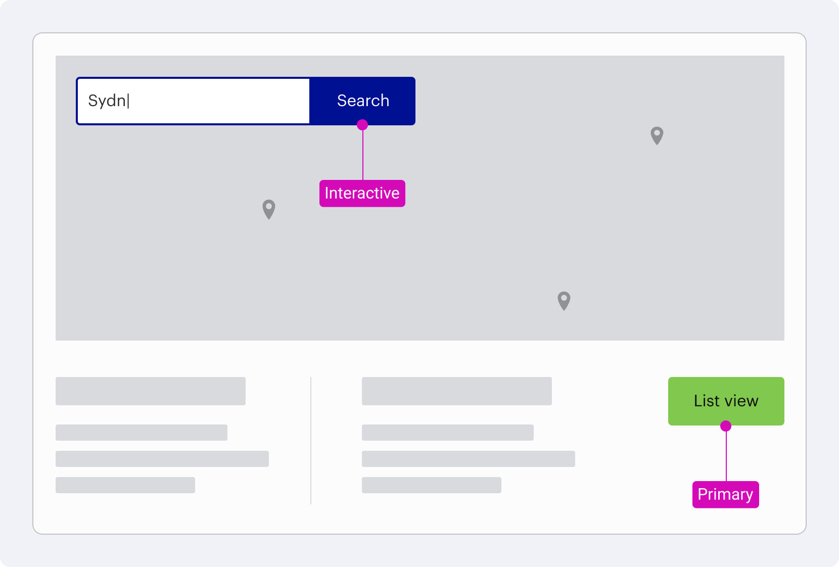 Map screen mock-up with interactive blue search button connected to input field, and primary green toggle button for list/map views. Demonstrates how using green for the search button would mismatch the input field.
